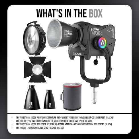 Aputure Storm 1000c نقطة مصلحة مع حزمة عاكس عاكس (أسود) واسعة مع بوينز مقاس 12 بوصة Mount Black Fresnel ، مجموعة عاكس 1200x ، وأبواب Barn CF12 (4 عناصر) in Kuwait