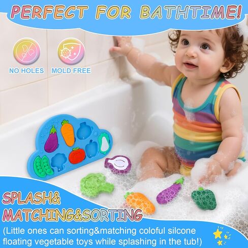 Baby Bath Toys, Silcone Mold Free Vegetable Bath Toys, Soft Toddlers Floating Bathtub Toy, No Hole Tub Water Toys, Shape Sorting&Matching Educational Learning Toy Gift for Boys Girls Kids 3 Year+ in Saudi Arabia