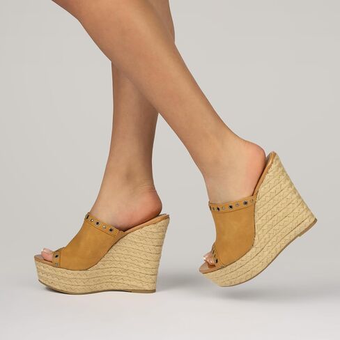 Journee Collection Womens Yari Espadrille Wedge Platform Sandals Slip On Open Round Toe Grommet Detail Summer Shoes in Saudi Arabia