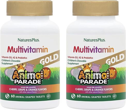 NaturesPlus Animal Parade Gold Children's Multivitamin - 120 Animal-Shaped Chewable Tablets - Assorted Cherry, Orange & Grape Flavors - Vegan, Gluten Free - 60 Total Servings in Kuwait