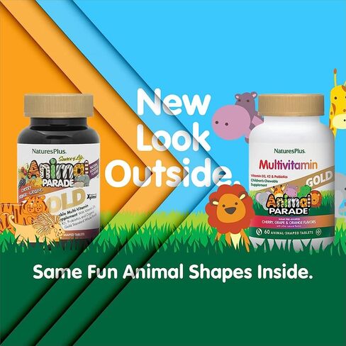 NaturesPlus Animal Parade Gold Children's Multivitamin - 120 Animal-Shaped Chewable Tablets - Assorted Cherry, Orange & Grape Flavors - Vegan, Gluten Free - 60 Total Servings in Kuwait