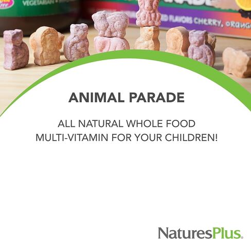 NaturesPlus Animal Parade Gold Children's Multivitamin - 120 Animal-Shaped Chewable Tablets - Assorted Cherry, Orange & Grape Flavors - Vegan, Gluten Free - 60 Total Servings in Kuwait