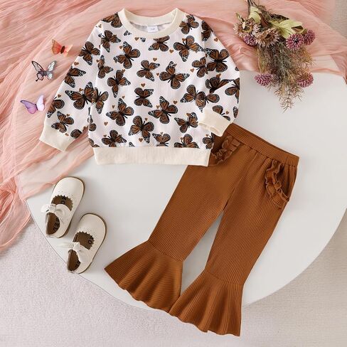 Toddler Girl Clothes Fall Winter Baby Outfits Cute Butterflies Print Sweatshirt + Flared Pants Set 2 Piece 1-6 Years in Kuwait