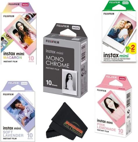 Fujifilm Instax Mini Film Variety Pack – 5 Unique Styles for Instax Cameras (Macaron, Monochrome, Standard Twin Pack, Lavender, Pink Lemonade) – 60 Sheets Total + Sunshine Photo Cleaning Cloth... in Saudi Arabia