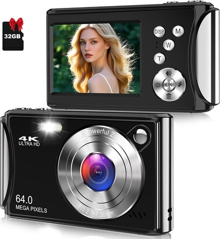 Digital Camera, Autofocus 4K Vlogging Camera for Photography, 64MP Compact Point and Shoot Digital Camera with 32GB Micro SD Card, 18X Zoom, Anti-Shake with Tripod for Teens Adult Beginner, Black in Saudi Arabia
