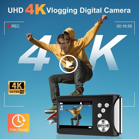 Digital Camera, Autofocus 4K Vlogging Camera for Photography, 64MP Compact Point and Shoot Digital Camera with 32GB Micro SD Card, 18X Zoom, Anti-Shake with Tripod for Teens Adult Beginner, Black in Saudi Arabia