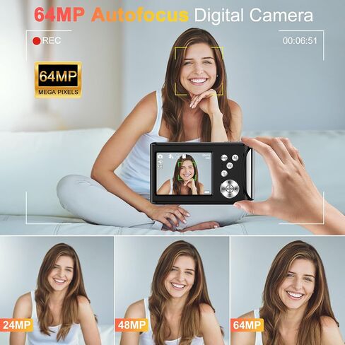 Digital Camera, Autofocus 4K Vlogging Camera for Photography, 64MP Compact Point and Shoot Digital Camera with 32GB Micro SD Card, 18X Zoom, Anti-Shake with Tripod for Teens Adult Beginner, Black in Saudi Arabia