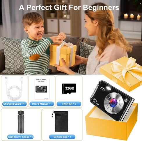 Digital Camera, Autofocus 4K Vlogging Camera for Photography, 64MP Compact Point and Shoot Digital Camera with 32GB Micro SD Card, 18X Zoom, Anti-Shake with Tripod for Teens Adult Beginner, Black in Saudi Arabia