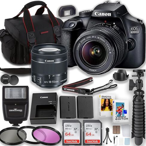 Canon EOS Rebel 4000D / T100 DSLR Camera with EF-S 18-55mm Lens + 2pc 64GB Memory Cards + Flash + Photo and Video Software & More (Renewed) in Saudi Arabia