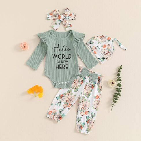 Hello World I'm New Here Newborn Girl Clothes Long Sleeve Onesie Floral Pants Set Cute Baby Coming Home Outfits in Saudi Arabia