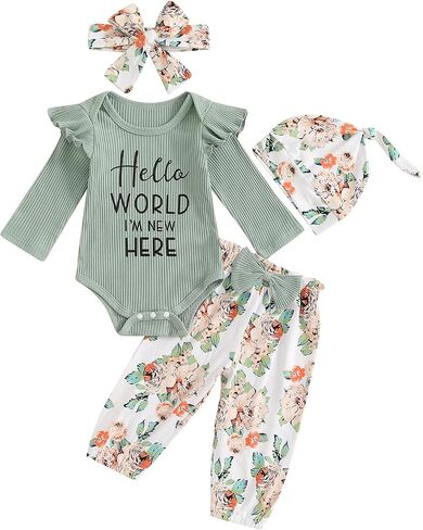 Hello World I'm New Here Newborn Girl Clothes Long Sleeve Onesie Floral Pants Set Cute Baby Coming Home Outfits in Saudi Arabia