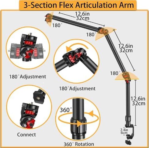 REFLEX CAMERA 37" Overhead 3-Section Flex Cantilever Articulating Boom Arm with Desk/Tube C Clamp and Universal Phone Mount 1/4" 3/8" & 5/8" Screw Mount for DSLR Camera, Microphone, Light & Webcam in Saudi Arabia