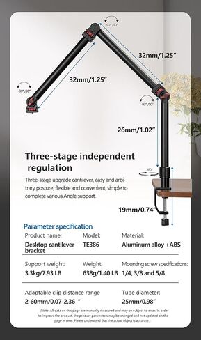 REFLEX CAMERA 37" Overhead 3-Section Flex Cantilever Articulating Boom Arm with Desk/Tube C Clamp and Universal Phone Mount 1/4" 3/8" & 5/8" Screw Mount for DSLR Camera, Microphone, Light & Webcam in Saudi Arabia