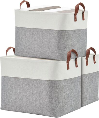سلة تخزين الأقمشة DECOMOMO صناديق تخزين خزانة كبيرة للألعاب الحضانة والغسيل (Beige & White ، XXL - 3 Pack) in Kuwait
