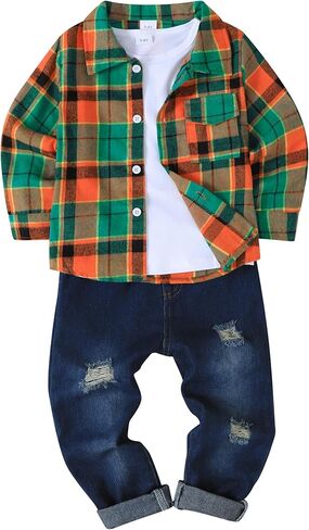 Renotemy Toddler Boy Clothes Fall Winter Outfits 3Pcs Fashion Flannel Shirts Ripped Jeans Pants Kids Boys Clothing Sets in Saudi Arabia