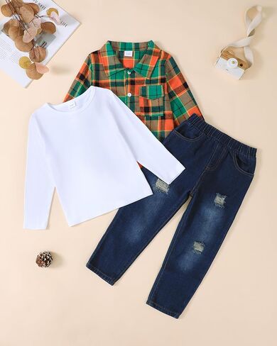 Renotemy Toddler Boy Clothes Fall Winter Outfits 3Pcs Fashion Flannel Shirts Ripped Jeans Pants Kids Boys Clothing Sets in Saudi Arabia