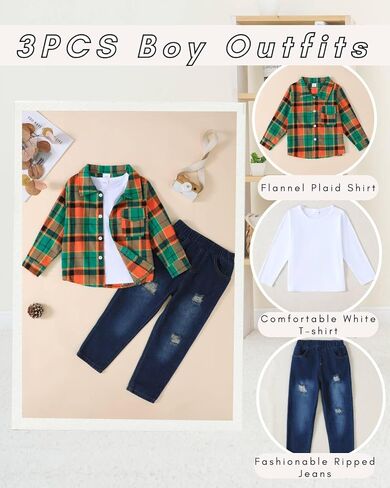 Renotemy Toddler Boy Clothes Fall Winter Outfits 3Pcs Fashion Flannel Shirts Ripped Jeans Pants Kids Boys Clothing Sets in Saudi Arabia