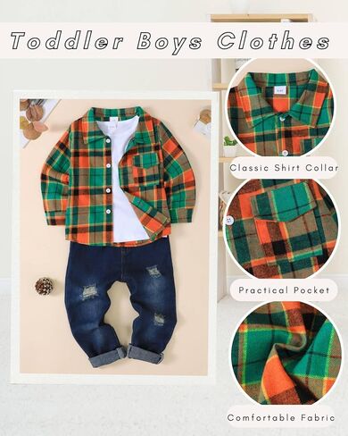 Renotemy Toddler Boy Clothes Fall Winter Outfits 3Pcs Fashion Flannel Shirts Ripped Jeans Pants Kids Boys Clothing Sets in Saudi Arabia