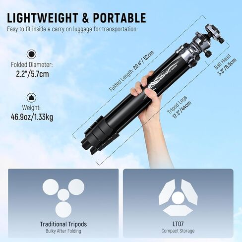 NEEWER LITETRIP LT07 61" Aluminum Travel Tripod Stand for Camera with Pan Tilt Low Profile Ball Head, Arca QR Plate Compatible with Peak Design Tripod Plate V3, Dual Center Axis, Max Load 22lb in Saudi Arabia
