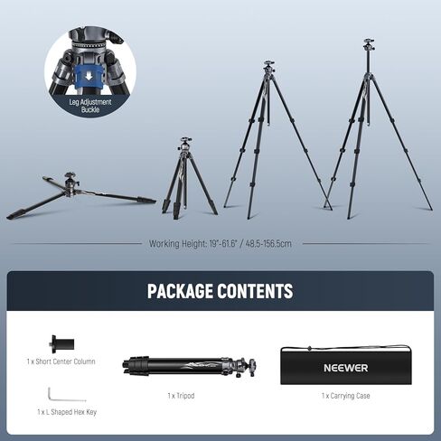 NEEWER LITETRIP LT07 61" Aluminum Travel Tripod Stand for Camera with Pan Tilt Low Profile Ball Head, Arca QR Plate Compatible with Peak Design Tripod Plate V3, Dual Center Axis, Max Load 22lb in Saudi Arabia
