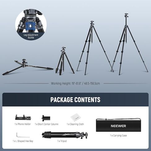 NEEWER LITETRIP LT07 61" Aluminum Travel Tripod Stand for Camera with Pan Tilt Low Profile Ball Head, Arca QR Plate Compatible with Peak Design Tripod Plate V3, Dual Center Axis, Max Load 22lb in Saudi Arabia