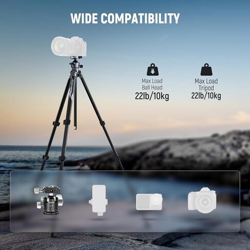 NEEWER LITETRIP LT07 61" Aluminum Travel Tripod Stand for Camera with Pan Tilt Low Profile Ball Head, Arca QR Plate Compatible with Peak Design Tripod Plate V3, Dual Center Axis, Max Load 22lb in Saudi Arabia
