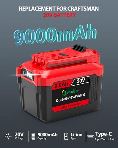 【USB-C الشحن السريع】 استبدال بطارية 20V Craftsman مع منفذ الإدخال/الإخراج USB-C 65W ، متوافق مع بطارية CMCB204 CMCB204 ، CMCB205 ، CMCB206 ، CMCB209 ، CMCB202 ، CMCB201 ، CMCB201 in Kuwait