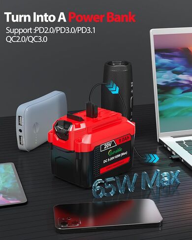 【USB-C الشحن السريع】 استبدال بطارية 20V Craftsman مع منفذ الإدخال/الإخراج USB-C 65W ، متوافق مع بطارية CMCB204 CMCB204 ، CMCB205 ، CMCB206 ، CMCB209 ، CMCB202 ، CMCB201 ، CMCB201 in Kuwait