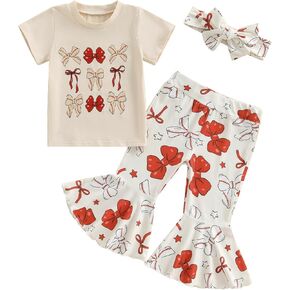 Baseball Baby Girl Outfits Short Sleeve Bow T-Shirt Top Bell-buttom Pants Set With Headband Summer Clothes in Kuwait
