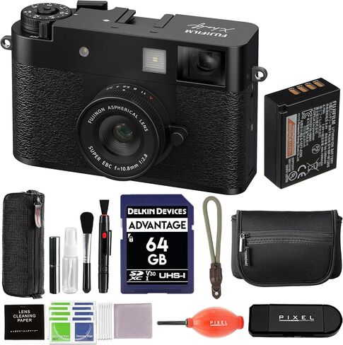 حزمة Fujifilm X Half Digital Camera (أسود) مع بطاقة SD 64GB + حزام معصم الحبل + إكسسوارات أكثر تقدمًا | كاميرا فوجي x نصف in Saudi Arabia