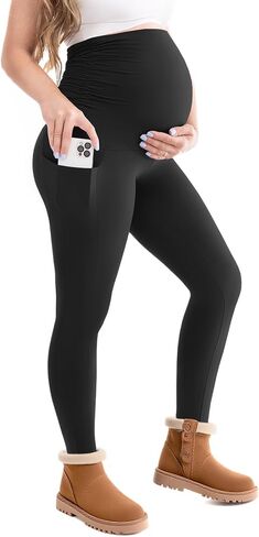 Maternity Fleece Lined Leggings with Pockets, Warm Pregnancy Buttery Soft Yoga Workout Pants Winter in Kuwait