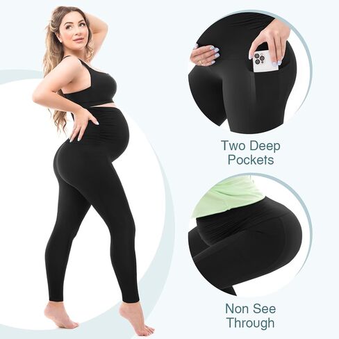 Maternity Fleece Lined Leggings with Pockets, Warm Pregnancy Buttery Soft Yoga Workout Pants Winter in Kuwait