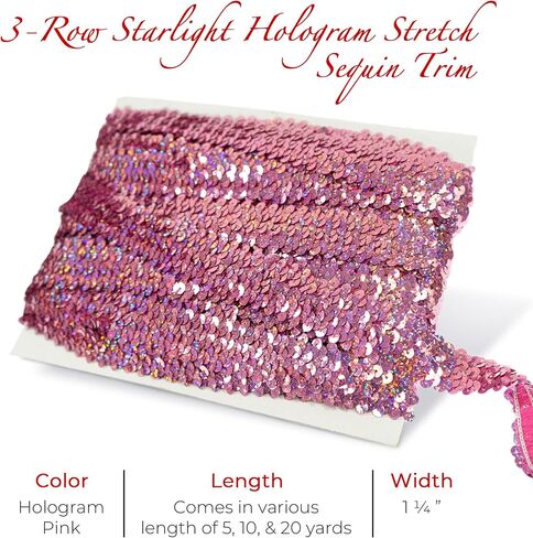 Trims by the Yard 3-Row Starlight Hologram Sequin Stretch Trim، 1 1/4 بوصة ترتر متعدد الاستخدامات للحرف اليدوية، زخرفة ترتر متينة للأزياء والأزياء والديكور المنزلي، وردي in Saudi Arabia