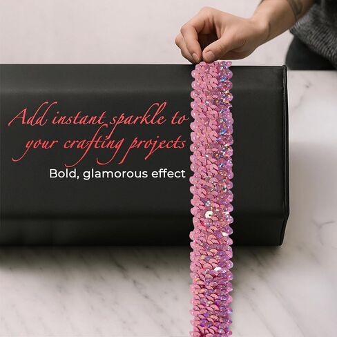 Trims by the Yard 3-Row Starlight Hologram Sequin Stretch Trim، 1 1/4 بوصة ترتر متعدد الاستخدامات للحرف اليدوية، زخرفة ترتر متينة للأزياء والأزياء والديكور المنزلي، وردي in Saudi Arabia