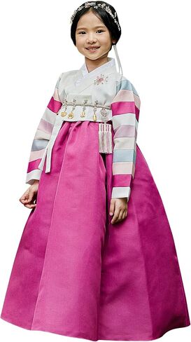 Korean Baby Girl Hanbok for 100~15y/o White Jeogori Magenta Girl Hanbok Baby Kids Korean Dress in Kuwait
