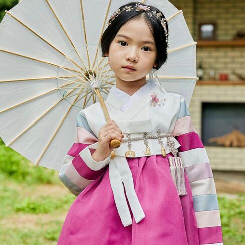 Korean Baby Girl Hanbok for 100~15y/o White Jeogori Magenta Girl Hanbok Baby Kids Korean Dress in Kuwait