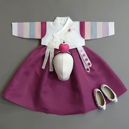 Korean Baby Girl Hanbok for 100~15y/o White Jeogori Magenta Girl Hanbok Baby Kids Korean Dress in Kuwait