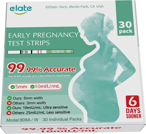 شرائح اختبار الحمل في وقت مبكر من HCG ، 30 حزمة-6 أيام في وقت أقرب ، 99.99 ٪ دقيقة ، حساسة للغاية 10 miU/mL ، النتيجة المبكرة EPT ، MOM 2-SEC سهلة في المنزل ، العيادة أو استخدام السفر ، و cleared FDA ، 5MM in Kuwait