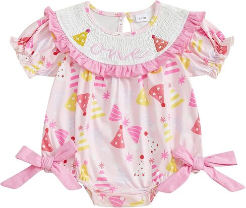 woshilaocai Baby Girl First Birthday Outfit One Romper Smocked Bow Jumpsuit Infant One Birthday Clothes in Saudi Arabia