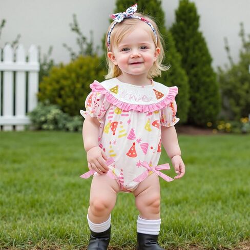 woshilaocai Baby Girl First Birthday Outfit One Romper Smocked Bow Jumpsuit Infant One Birthday Clothes in Saudi Arabia