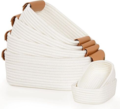 Storage Baskets for Organizing, Small Woven Basket Set of 6-4 Shelf Basket with Leather Handle and 2 Small Gift Baskets, Cotton Rope Basket for Shelves, Nursery, Dog Toy, Bathroom in Saudi Arabia