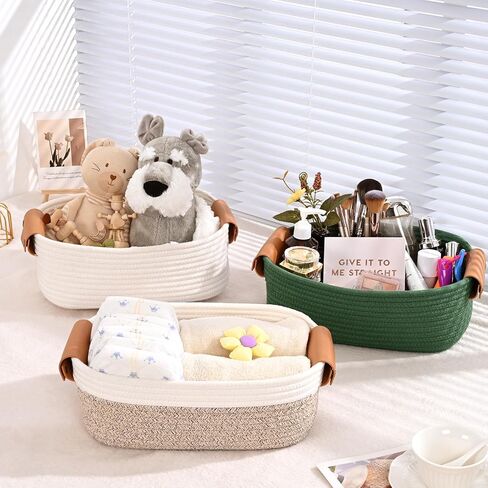 Storage Baskets for Organizing, Small Woven Basket Set of 6-4 Shelf Basket with Leather Handle and 2 Small Gift Baskets, Cotton Rope Basket for Shelves, Nursery, Dog Toy, Bathroom in Saudi Arabia