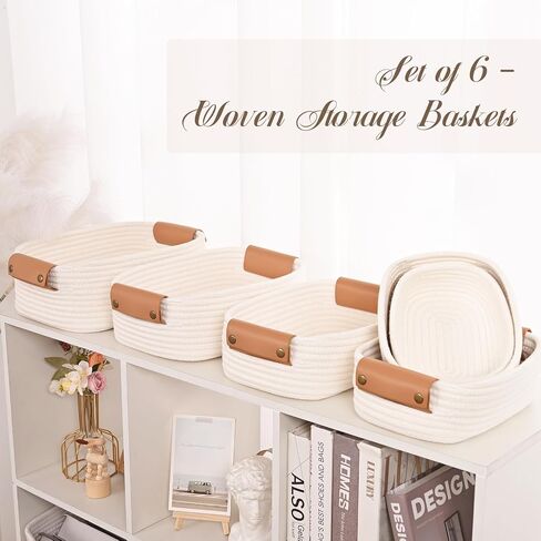 Storage Baskets for Organizing, Small Woven Basket Set of 6-4 Shelf Basket with Leather Handle and 2 Small Gift Baskets, Cotton Rope Basket for Shelves, Nursery, Dog Toy, Bathroom in Saudi Arabia