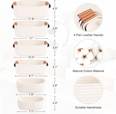 Storage Baskets for Organizing, Small Woven Basket Set of 6-4 Shelf Basket with Leather Handle and 2 Small Gift Baskets, Cotton Rope Basket for Shelves, Nursery, Dog Toy, Bathroom in Saudi Arabia