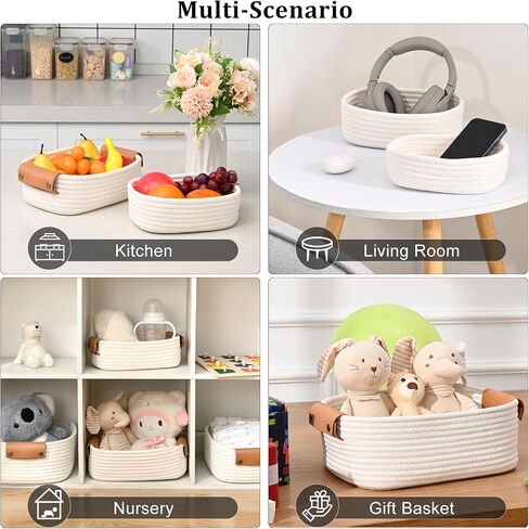 Storage Baskets for Organizing, Small Woven Basket Set of 6-4 Shelf Basket with Leather Handle and 2 Small Gift Baskets, Cotton Rope Basket for Shelves, Nursery, Dog Toy, Bathroom in Saudi Arabia