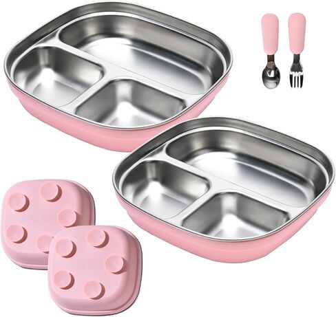 2 Pack Stainless Steel Kids Plates with Suction | 7.68" Spill-Proof High-Rim | 2 Spoons & Removable Sleeves | Microwave/Dishwasher Safe | BPA-Free, Non-Slip, Unbreakable Toddler Plates (Pink) in Saudi Arabia