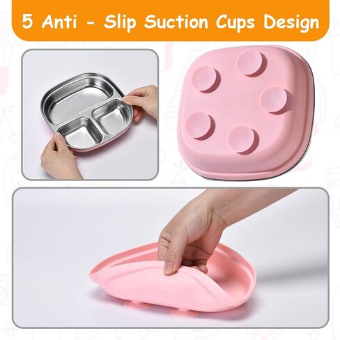 2 Pack Stainless Steel Kids Plates with Suction | 7.68" Spill-Proof High-Rim | 2 Spoons & Removable Sleeves | Microwave/Dishwasher Safe | BPA-Free, Non-Slip, Unbreakable Toddler Plates (Pink) in Saudi Arabia