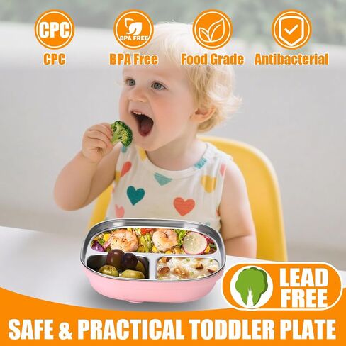 2 Pack Stainless Steel Kids Plates with Suction | 7.68" Spill-Proof High-Rim | 2 Spoons & Removable Sleeves | Microwave/Dishwasher Safe | BPA-Free, Non-Slip, Unbreakable Toddler Plates (Pink) in Saudi Arabia