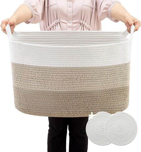 Woven Basket 18"*14"*12" Blanket Storage Basket Toy Organizer Decorative Basket with 2 Free Cotton Rope Coasters in Saudi Arabia