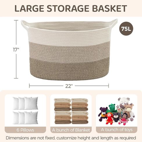 Woven Basket 18"*14"*12" Blanket Storage Basket Toy Organizer Decorative Basket with 2 Free Cotton Rope Coasters in Saudi Arabia